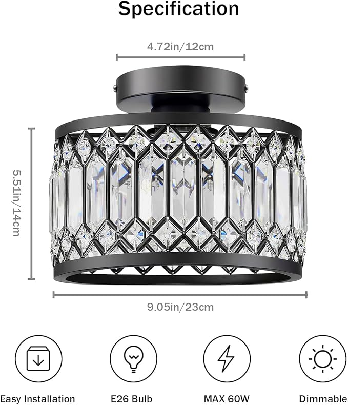 Crystal Ceiling Light Fixture, Modern Semi Flush Mount Ceiling Light, Crystal Chandelier for Kitchen Bedroom Hallway Bathroom Entryway, 1 Light, 9 inch