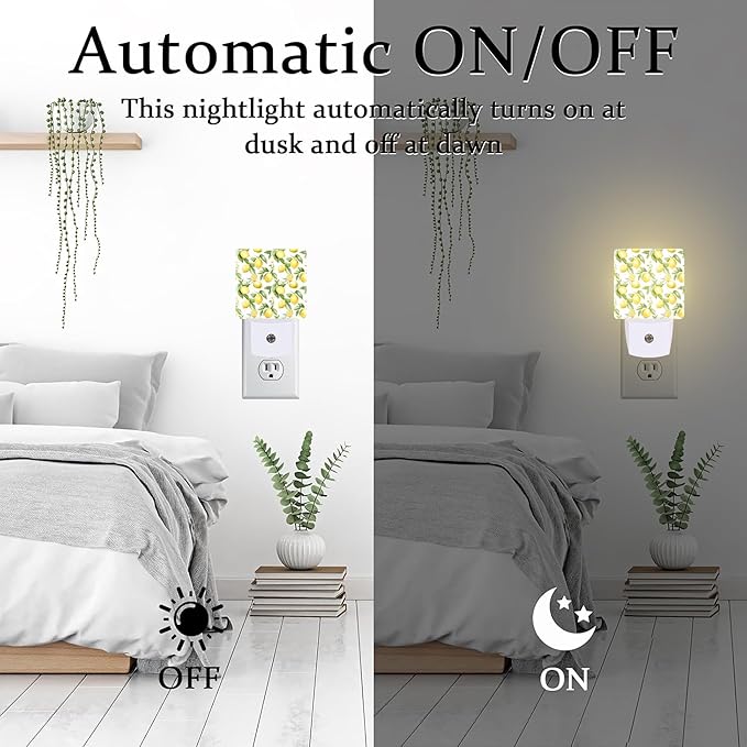 Lemon with Flowers Night Light, Fresh Lemon Fruits Floral Dusk to Dawn Night Light Plug in,0.5w Energy Saving Sleep Friendly Nightlights for Kids Boys Girls Home Decor