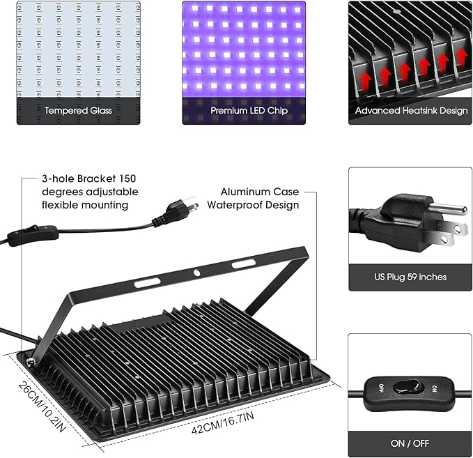 500W 2 Pack LED Black Light,Black Flood Light Outdoor with Plug and Switch, IP66 Waterproof 395nm to 405nm LED UV Blacklight Neon Glow for Glow Party, Halloween, Fluorescent Poster, Body Paint