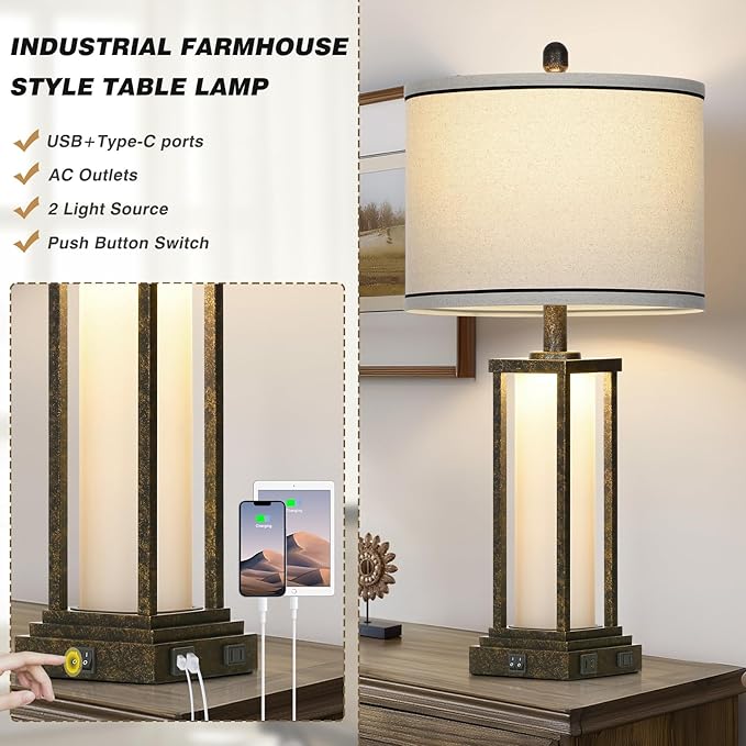27in Tall Farmhouse Table Lamp with USB C+A & Outlet,Bronze Industrial End Table Lamp for Living Room,Vintage Rustic Bedside Lamp with Night Light for Bedroom Nightstand,Single Bronze