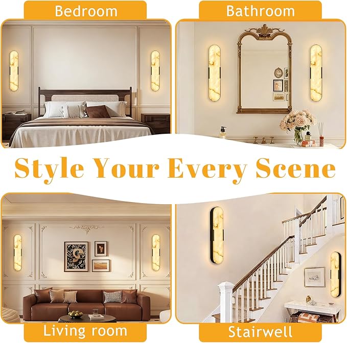 2 Pack Alabaster Wall Sconces 20" Black Modern Vanity Wall Lights with Spanish Natural Marble Lampshade 3000K LED Alabaster Wall Lighting for Hallway Bathroom Bedroom Living Room