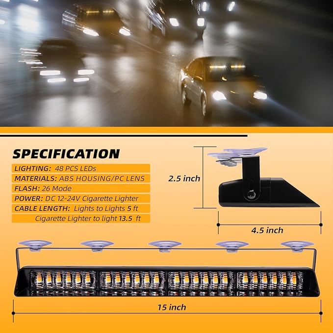 Green 2 in 1 Emergency Dash Strobe Light Bar, Front/Rear 48LEDs Interior Windshield Visor Safety Flashing Warning Hazard Lights for Trucks Vehicles