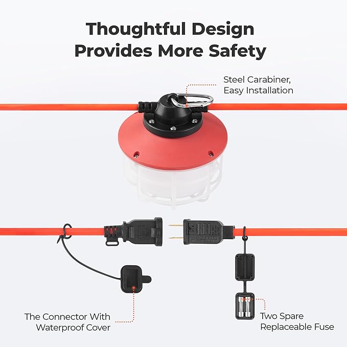 100FT Construction String Lights:150W 21000LM Linkable Super Bright LED String Work Lights for Construction Sites Temporary Work Jobsite IP65 Waterproof 18AWG Wire Work Light with Cage