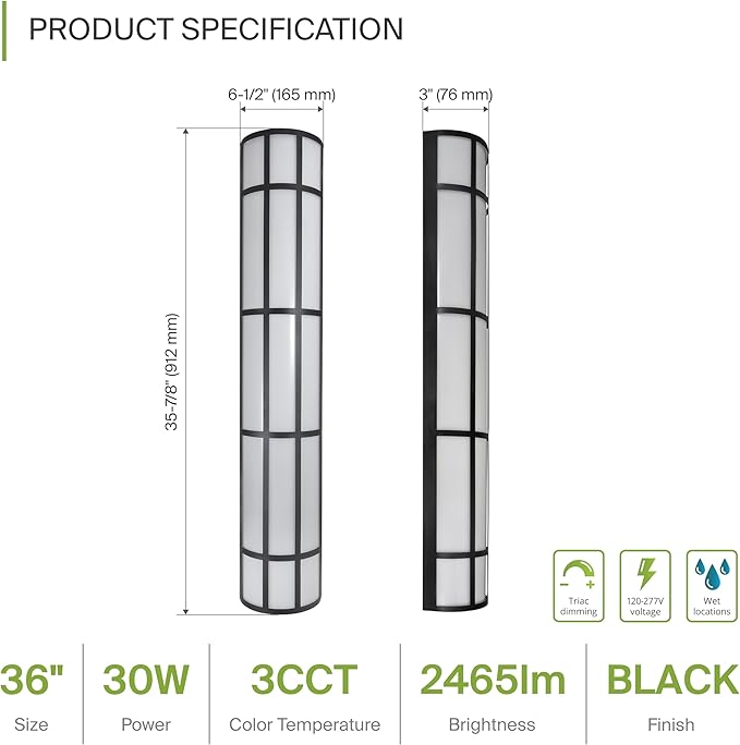 ASD 36 Inch LED Outdoor Wall Mount Light Fixture with Grid - Matte Black Modern Wall Sconce - 30W 120-277V 3000K 4000K 5000K Adjustable - Dimmable Exterior Lights - Front Door, Patio - ETL