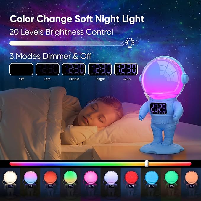 Astronaut Sunrise Alarm Clock for Kids, White Noise Sound Machine with 30 Soothing Sounds, 22 Dimmable Nightlights, Bluetooth Speaker, Dual Digital Alarm Clocks, Wake Up Light for Bedroom, Adults
