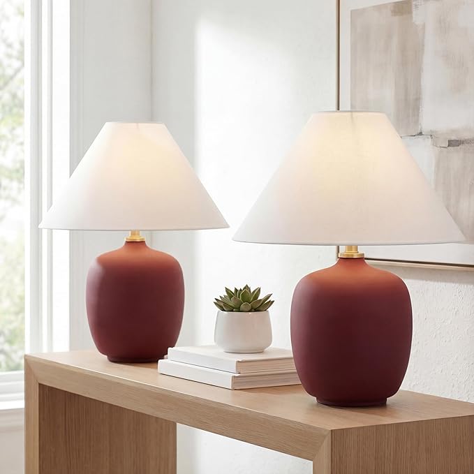 JONATHAN Y JYL5600C-SET2 Delphi 18.25" Minimalist Scandinavian Resin/Iron LED Table Lamp for Bedroom, Living Room, Office, College, Book Case, Nightstands and Coffee Table, Matte Wine Red (Set of 2)