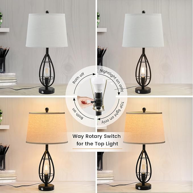 27.8" Farmhouse Table Lamps for Living Room Set of 2, Rustic Nightstand Lamps for Bedroom End Tables with USB Ports, 3-Way Dimmable Touch Industrial Bedside Lamps, Bulbs Included(Black)