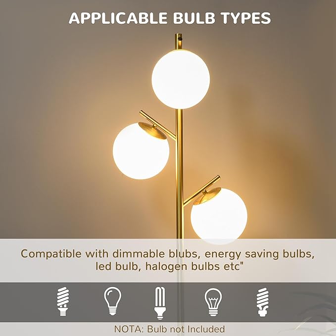 HOMCOM 3-Light Modern Floor Lamp for Living Room Bright Lighting, Tree Standing Lamp for Bedroom with Globe Lampshades, Steel Base, Cute Lamp, Bulb not Included, Gold