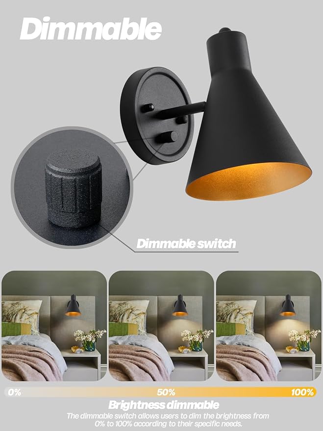 Wall Sconces Set of Two,Black Wall Sconce with Dimmable Switch Modern Bathroom Vanity Light with Metal Lampshade Adjustable Bedside Sconce Light for Bedroom Living Room Hallway Hardwired