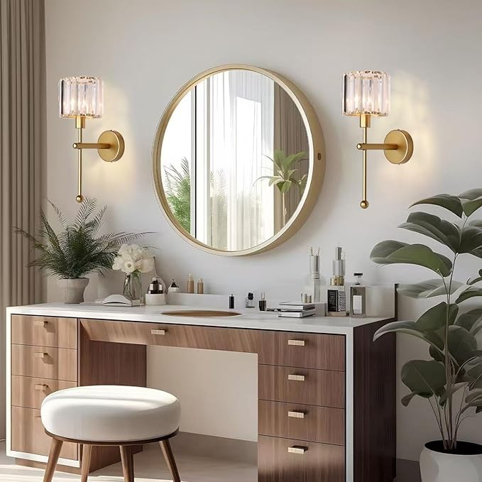 Modern Glass Crystal Wall Sconces Battery Operated Set of 2, Gold Rechargeable Wall Lights with Remote,Non Hardwired Clear Wall Lighting Fixture Brass for Bedroom Bathroom Living Room Porch
