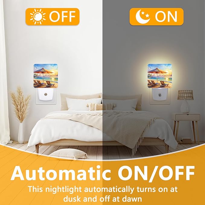 Watercolor Ocean Beach Sunrise Night Light, Plug-into Lounger Nightlight White LED Lamp, Energy Efficient Decor Desk Lamp for Bedroom Hallway Stairs Bathroom