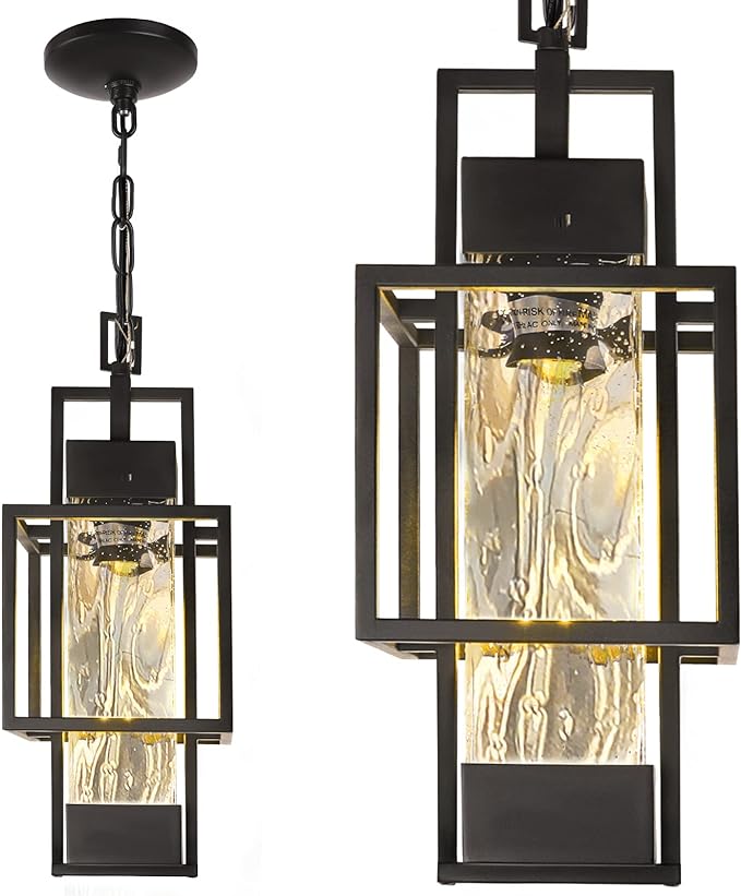 15" Outdoor Indoor Pendant Light Exterior Hanging Lantern, Modern Black Metal Outside Chandelier Light Fixture Ceiling Mount with Water Glass for Front Porch Entrance Foyer Entryway (Bulb Included)