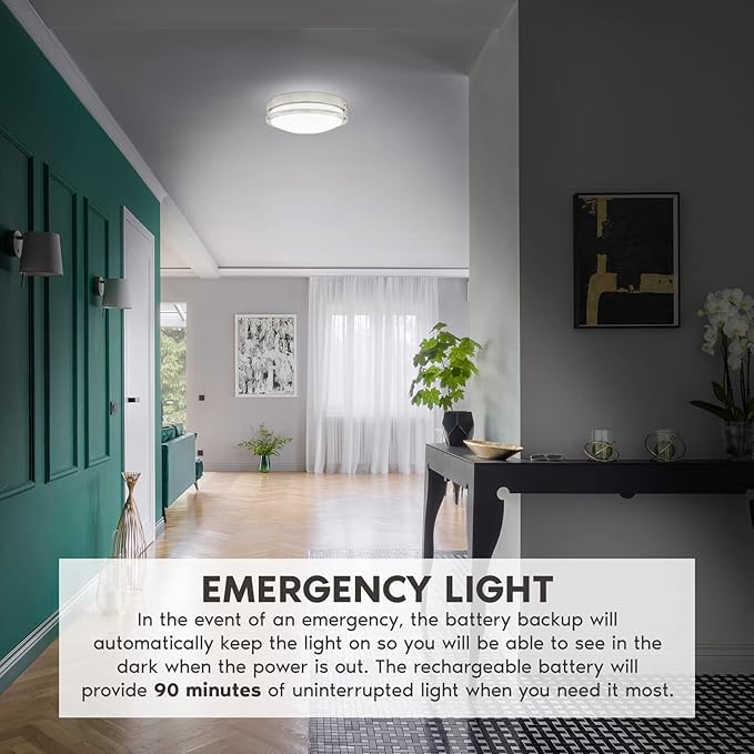 LUXRITE 14 Inch LED Emergency Light with Battery Backup, 18W, 5 Color Selectable 2700K-5000K, 1440 Lumens, Dimmable Flush Mount Ceiling Light for Home or Business, 120-277V, Damp Rated, ETL Listed