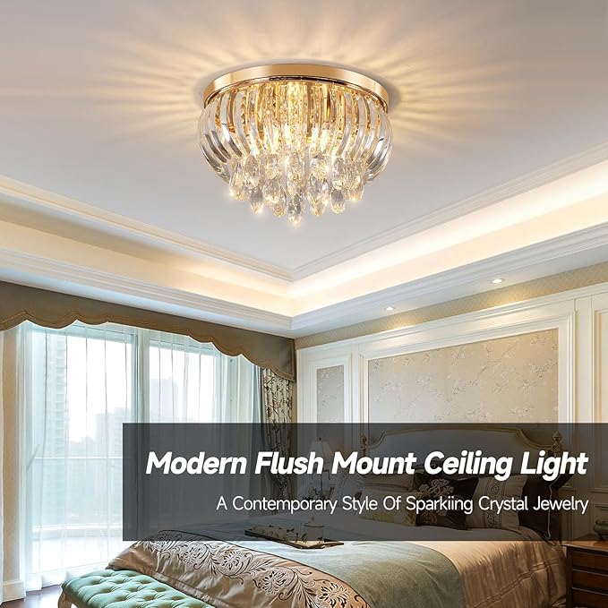 15.7 Inch Crystal Chandelier Gold,Modern 5-Lights Crystal Flush Mount LED K9 Chandeliers Light Fixture for Bedroom Dining Living Room Hallway E12