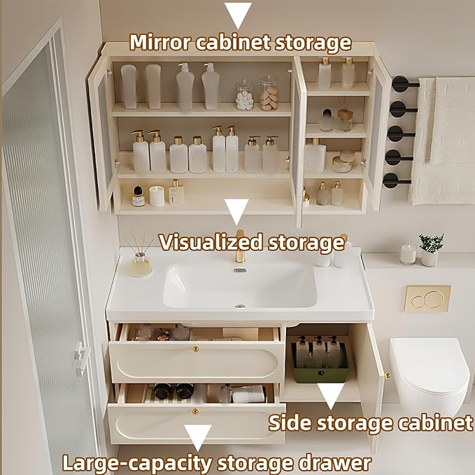 44IN Creamy White Floating Bathroom Vanities - Bathroom Vanity with Open Style Storage Shelf | Intelligent Mirror with Time Display has Defogging & Lighting, Water Blocking Edge, 2 Drawers (Style A)