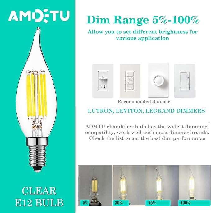 AMDTU E12 60 Watt Equivalent LED Candelabra Bulb CA10 Candle 4000K Daylight Dimmable Small Base Chandelier Light, Ideal for Dining Rooms, Living Rooms, and Porches, Long-Lasting Cozy Indoor Light