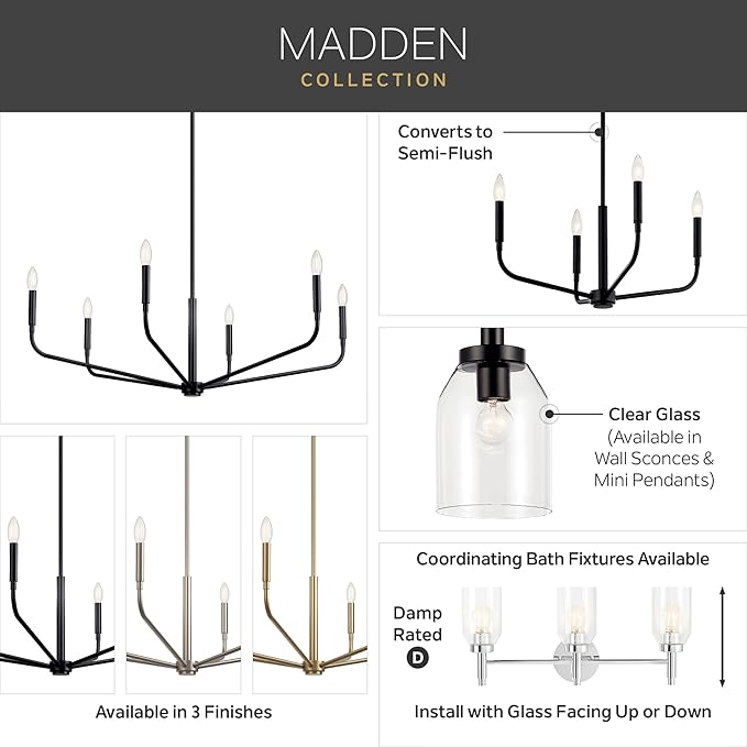 Kichler Madden 3-Light Vanity with Clear Glass in Brushed Nickel, Sloped Ceiling Compatible, for Single Vanity in Bathroom (10.5" x 24"), 55185NI
