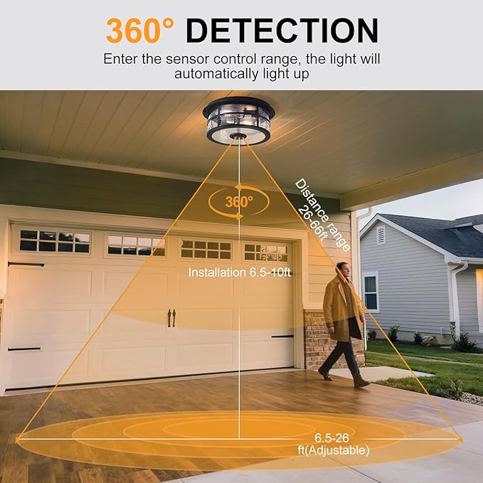 Upgraded Motion Sensor Outdoor Ceiling Light with Remote Control, Adjustable 4 Modes Sensor Dusk to Dawn 2-Light Exterior Light Fixture with Water Ripple Glass and for Porch,Patio,Garage