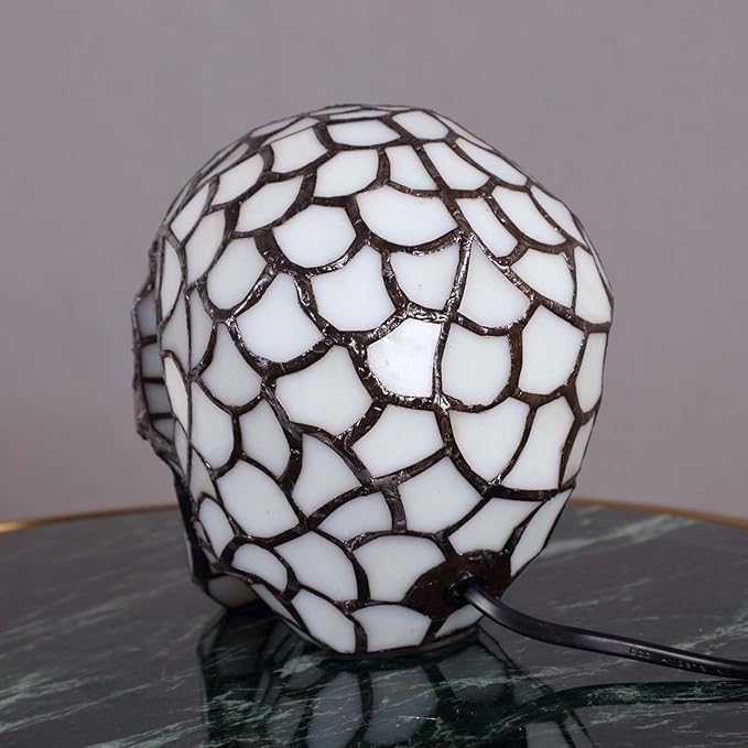 Bieye L10649 Skull Tiffany Style Stained Glass Accent Table Lamp Night Light for Halloween Decor Skull Lovers, White