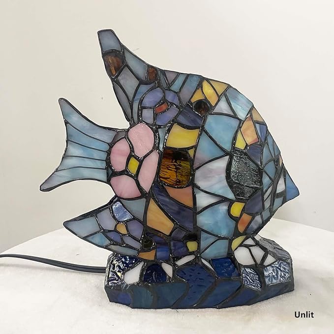 Bieye L13010 Tiffany Style Stained Glass Fish Accent Table Lamp for Home Décor (Blue Angelfish)