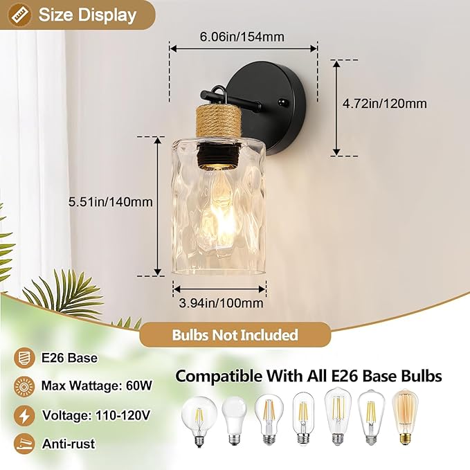 Set of 2 Wall Sconces for Bathroom, Coastal Modern Vanity Lights with Clear Glass Shade, Black Bathroom Wall Lamp for Mirror Kitchen Living Room Hallway Cabinet Porch