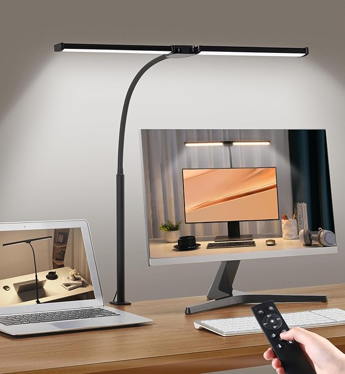 Led Desk Lamp for Home Office, Eye-Care Architect Light with Clamp, Smart Double Head Computer Monitor Table Clip Lamp, Adjustable Flexible Goose-Neck, 25 Lighting Models, Task Lamp, Black
