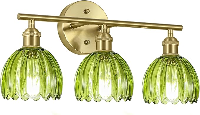 Vintage Bathroom Light Fixtures,3-Light Hardwired Vanity Lights with Green Tulip Glass Shade,Gold Bathroom Vanity Light for Mirror Restroom,E26 Socket,18.5 in(Bulbs Not Included)