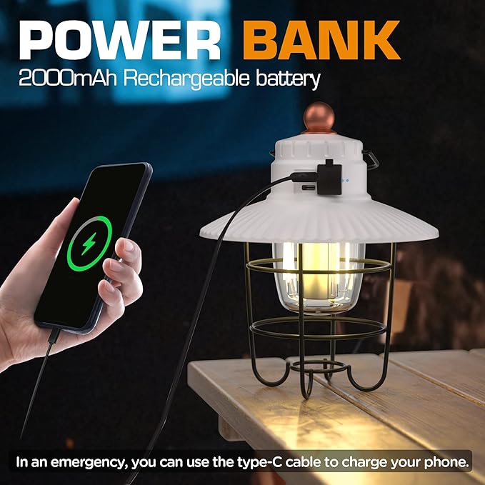 EverBrite LED Camping Lantern Pack of 2, USB C Rechargeable Lantern with 3 Light Modes, Vintage Outdoor Lanterns with Power Bank Function for Power Outages, Hurricane, Emergency, Fishing