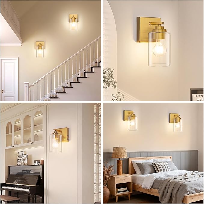 Rechargeable LED Wall Light Fixtures Dimmable, Wireless Battery Operated Wall Sconces Set of Two with Remote, E26 Base, Clear Glass Shade, Modern Gold Wall Mounted Lamps Indoor for Hallway Kitchen
