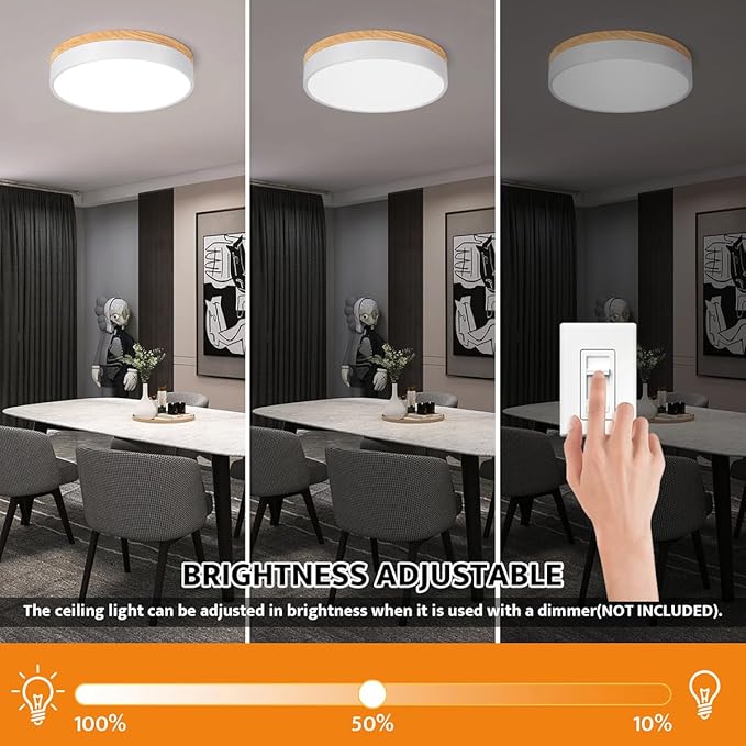 Dimmable Wood LED Flush Mount Ceiling Light, 5CCT 2700K-6000K Modern Round Close to Ceiling Lighting Fixtures, Minimalist White Ceiling Lamp for Bedroom, Kitchen, Hallway, Laundry Room