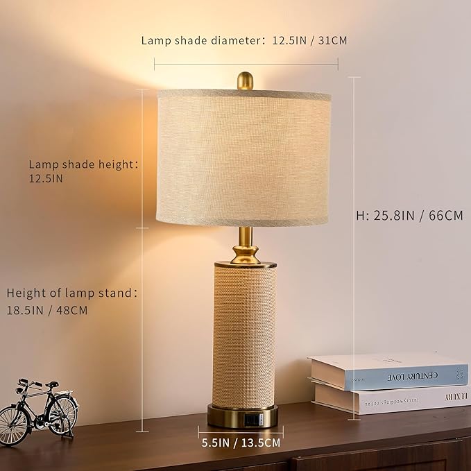 25.5" Boho Weaving Gold Large Table Lamps,Touch Control 3-Way Dimmable Farmhouse Bedside Lamps with USB A+C Charging Ports for Living Room/Bedroom/Office-with Ma Huang(LED Bulbs Included)