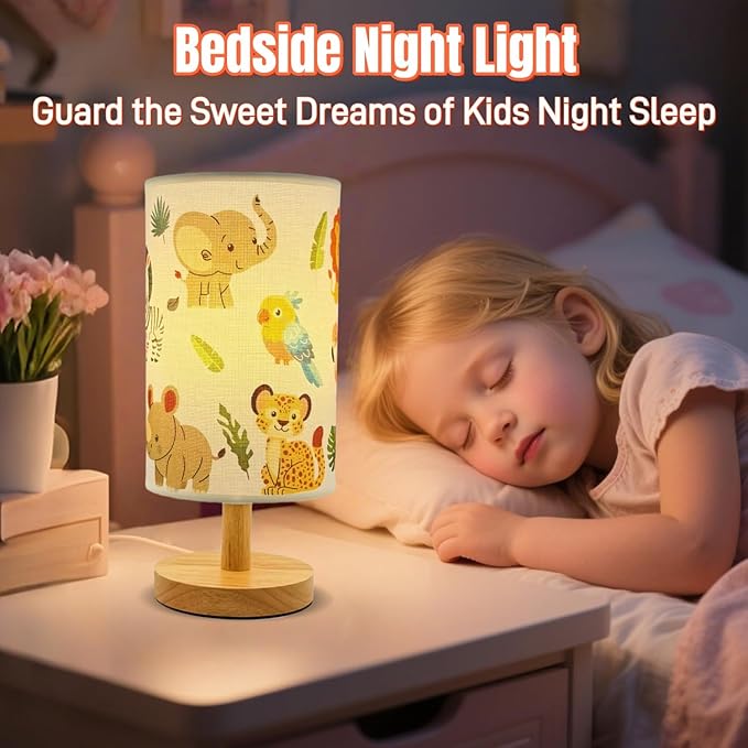 Kids Table Lamp-Night Light for Boys Room,3-Color LED Desk Lamp with Baby Elephant Zebra Giraffe Tiger Pattern Bedside Lamp Safari Animal Lampshade and Wood Base for Living Nursery Child Room Study