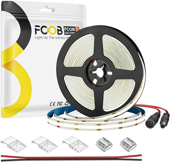 16.4FT DC12V COB LED Strip 4000K Natrual White 480LEDs Flexible High Density Uniform Bright Light Strip 9W/m, Dimmable LED Light for DIY Kitchen Bedroom Home Decor, No Power and Controller