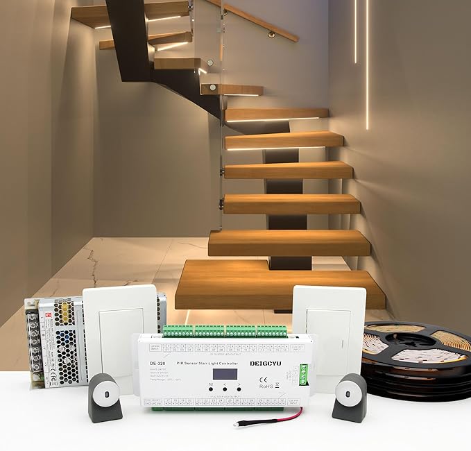 Motion-Activated LED Stair Lighting Kit DE-320, 42" Cuttable Strip Light for Indoor Floating Mono Stringer & Cantilever Stairs (Warm White 3000K,18 Steps)