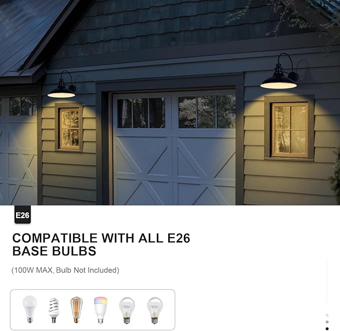 Dusk to Dawn Sensor Outdoor Barn Light Fixture, 16 Inch Dome Farmhouse Outdoor Wall Sconce, Rustic Exterior Wall Mount Light, Industrial Black White Wall Lantern for Porch, 1 Pack