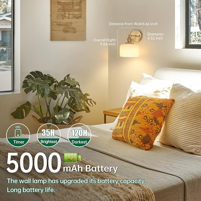 Vintage Battery Operated Wall Sconce with White Striped Glass Lampshade 5000 mAh Rechargeable Battery Powered Wall Light with Remote Control for Bedside Bedroom Doorway, Set of 2