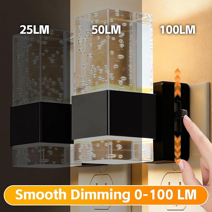 LED Night Light with Bubble Acrylic Design, Gold and Clear, Metal, Dimmable, Dusk to Dawn Sensor, 3 Color Temperatures, Modern Style, Plug-in for Bathroom, Bedroom, Hallway, 2-Pack (Black)