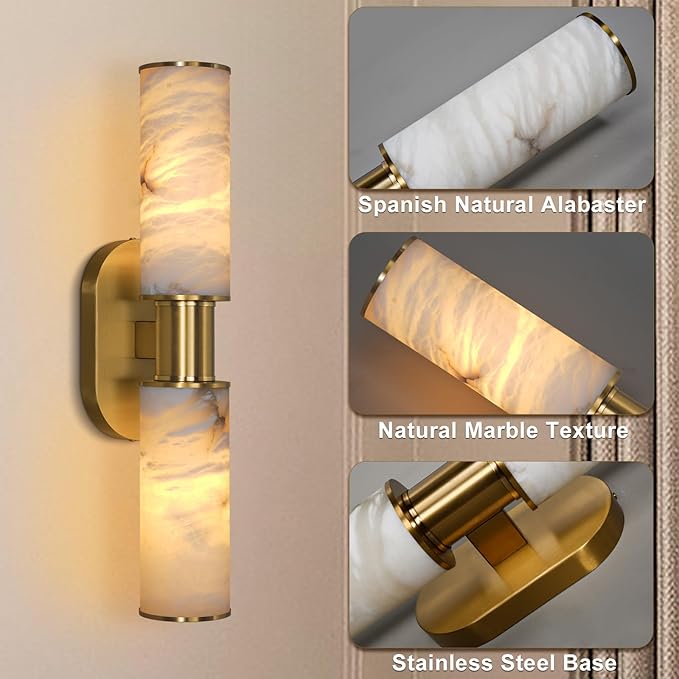 22.2" Alabaster Wall Sconce Set of 2, Brass Bathroom Wall Sconce, Spanish Natural Marble Sconces Modern Wall Lights Lamps for Bedroom Living Room Stairs Indoor Hallway Vanity, Gold