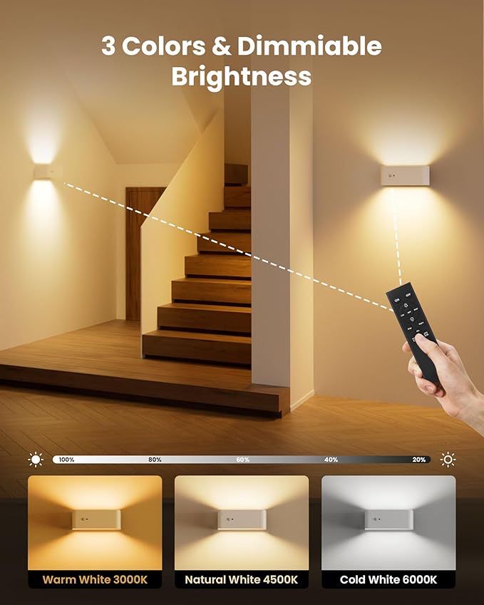 Motion Sensor Wall Sconce Indoor, Cordless Wall Lamp LED Wall Sconces Rechargeable Lamp, Remote Control, 8000mAh Battery Operated Wall Lights Brightness Adjustable for for Stair Closet Bedroom Hallway