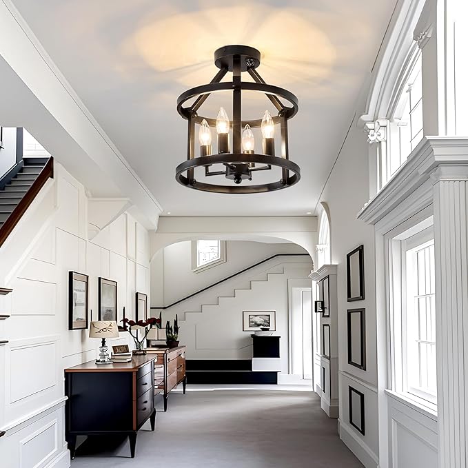 UOFUS Indoor Motion Sensor Ceiling Light Fixture Black Semi Flush Mount Chandelier Overhead Light Fixture for Entryway Hallway Porch Stairwell Garage