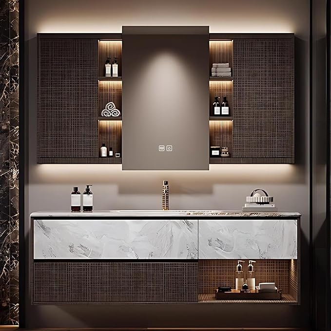 52 Inch Stripe Bathroom Vanity - Modern Luxury Floating Bathroom Vanity with Sink,Smart Defogging LED Mirror & Adjustable Mirror Panels,Textured Door and Ample Storage,Ambient Light Strip