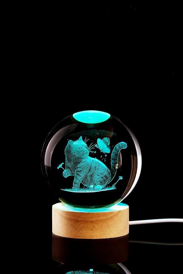 Large Cat Crystal Ball Night Light with Woodern Base, 3D Cat Crystal Lamp 16 Color Changing with Remote Control, Laser Engraved Glass Ball Lamp, Room Decor (cat)
