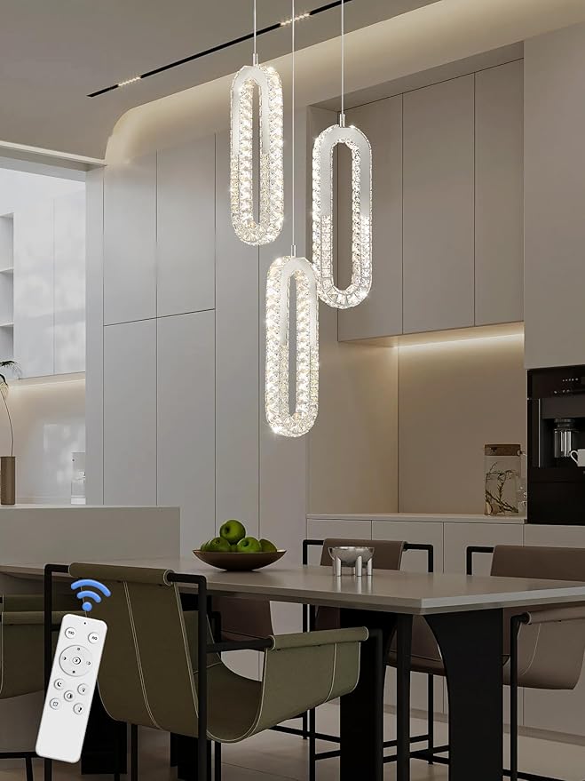 3-Light Modern Pendant Light Crystal Ring Chandelier Silver LED Pendant Lighting Fixture for Dining Room Kitchen Living Room Foyer Hallway Bedroom