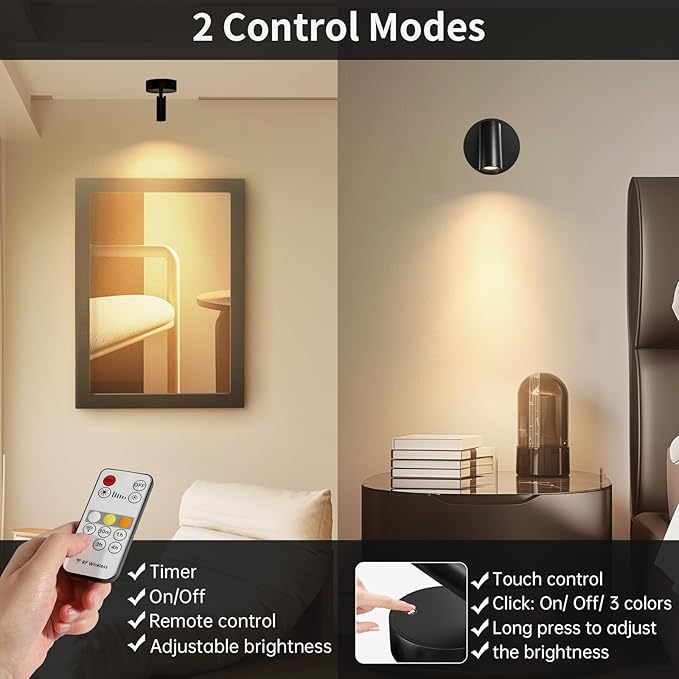 Spotlight Indoor, Wireless Battery Operated with Remote,Uplight Indoor Down Light for Picture on Wall, Plant Spotlight Dimmable Timer, Ceiling Lights Painting for Trees Plant, Black 4 Pack
