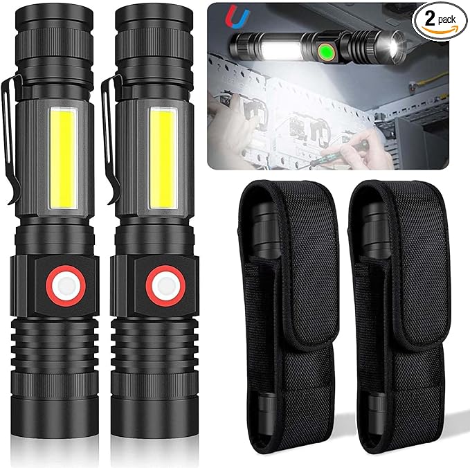 Hoxida USB Rechargeable Flashlight, Magnetic LED Flashlight, Super Bright LED Tactical Flashlight with Cob Worklight,Waterproof,Zoomable Small LED Flashlight for Camping, Flashlight with Holsters