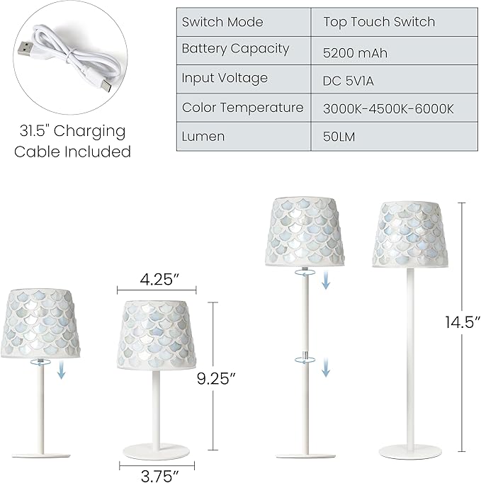 AELS Mosaic Rechargeable Lamps Cordless White Lamps Set of 2, 5200mAh Handmade Portable LED Touch Table Lamps, 3 Color Stepless Dimming Battery Powered Lamp, Wireless Lamp for Restaurant Bedroom