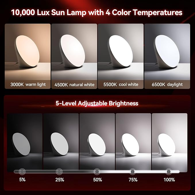 670nm Red Light Therapy Sleep Device & 10,000 Lux Sun Lamp – Dual Function Sleep Aid and Sunlight Lamp, Red Night Light Lamp to Support Deep Relaxation and Improve Sleeping for Adult & Kid Bedroom