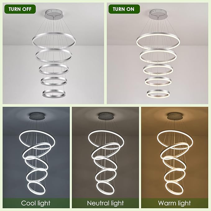 5-Rings Modern LED Chandelier Silver High Ceiling Chandelier with Remote Control Dimmable Pendant Lighting for Dining Room Foyer Living Room Entryway Staircase(3000K-6500K, D23.6’’)