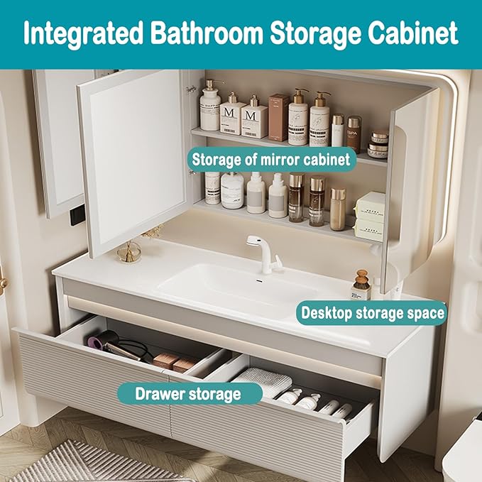 40IN Floating Bathroom Vanity - Modern Freestanding Bathroom Vanity Set with Ambient Light Intelligent Mirror Cabinet & Large Capacity Storage | Bathroom Sink Cabinet with Intelligent Defogging