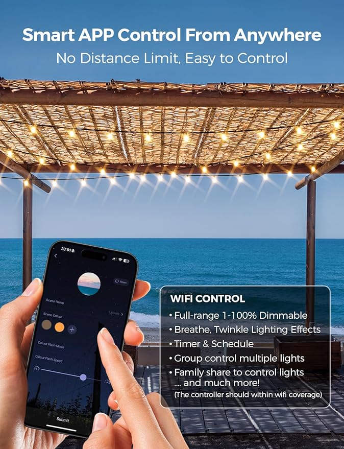 XMCOSY+ Outdoor String Lights, Smart Patio Lights 100Ft Dimmable Outdoor Lights Warm White, 50 G40 LED Bulbs, WiFi String Lights for Outside, Work with Alexa, APP Control, Waterproof Extendable